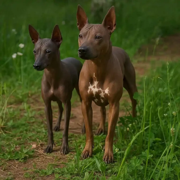 Dos American Hairless Terrier sin pelo, uno marrón con pecho blanco, caminando por un sendero entre vegetación. Imagen de MundoDog.es