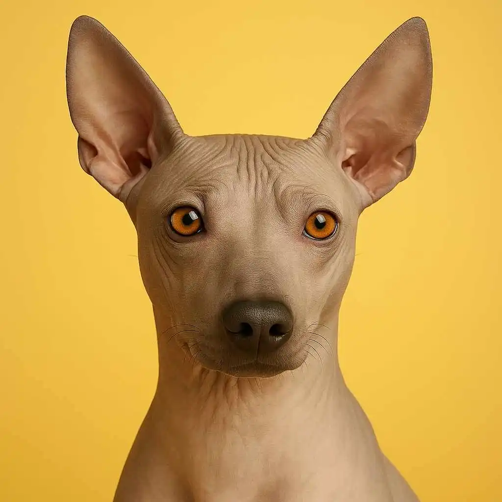 Primer plano de un American Hairless Terrier de ojos ámbar sobre fondo amarillo. Imagen destacada en MundoDog.es