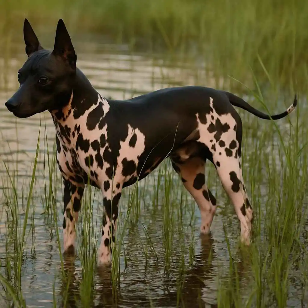 American Hairless Terrier de piel moteada caminando entre agua y hierba. Imagen destacada de MundoDog.es