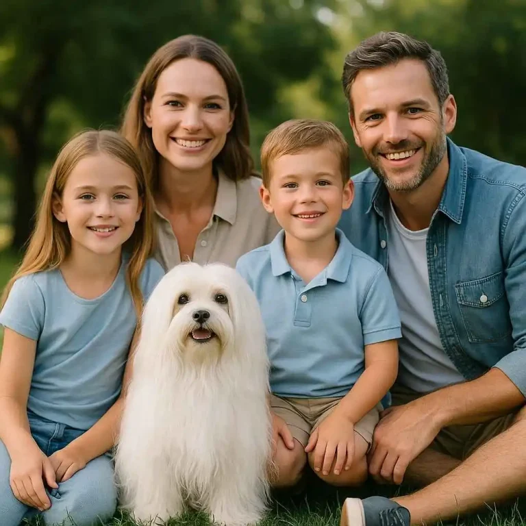 Perro Bichón Maltés rodeado de familia feliz en un parque, símbolo de su actualidad