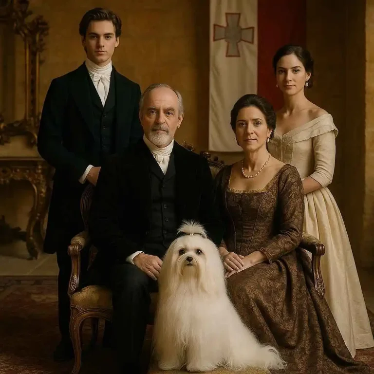 Bichón Maltés con familia aristocrática en retrato clásico, símbolo de su historia