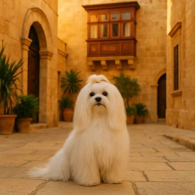 Bichón Maltés sentado en callejón de piedra mediterráneo, símbolo de su historia