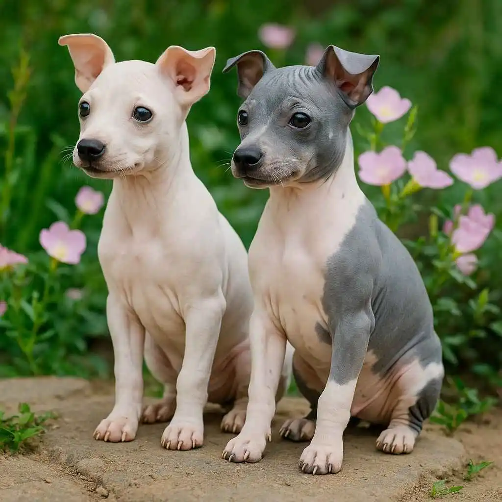 Dos cachorros American Hairless Terrier sentados sobre tierra, rodeados de flores. Imagen curiosa de MundoDog.es