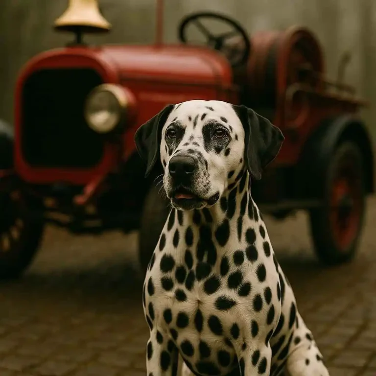 Dálmata sentado frente a un antiguo camión de bomberos, símbolo de su papel tradicional como perro guía de los bomberos. Imagen histórica en MundoDog.es
