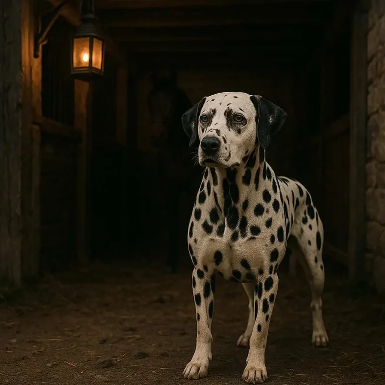 Dálmata de pie frente a un establo al anochecer, representando su origen como perro guardián de caballos. Imagen de MundoDog.es