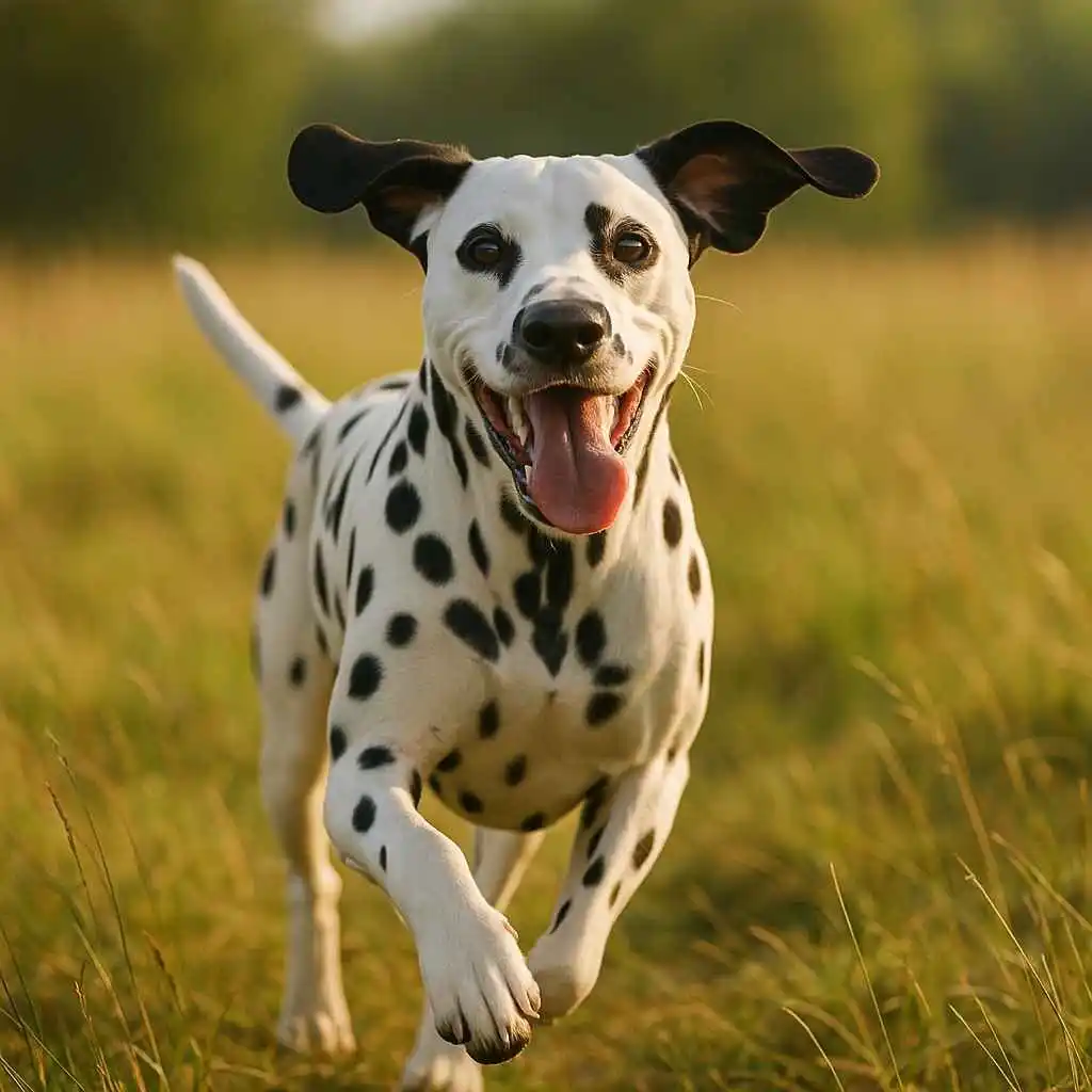 Dálmata corriendo feliz por el campo, mostrando su temperamento activo, enérgico y sociable. Imagen destacada en MundoDog.es