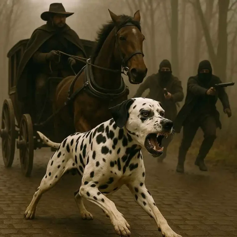Dálmata defendiendo un carruaje ante un asalto, representando su origen como perro guardián en el siglo XVIII. Imagen histórica en MundoDog.es