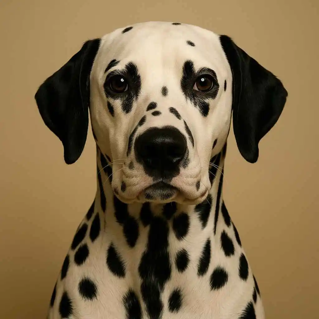 Retrato frontal de un Dálmata adulto mostrando su pelaje blanco con manchas negras y expresión serena. Imagen destacada en MundoDog.es