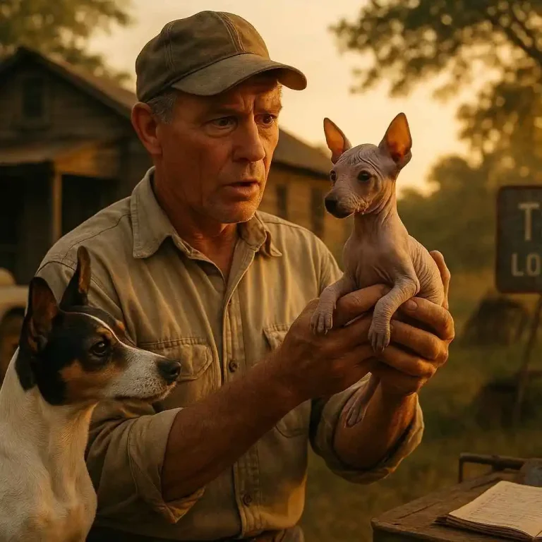 Hombre sostiene un cachorro sin pelo junto a un Rat Terrier adulto, simbolizando el origen del American Hairless Terrier. Imagen histórica de MundoDog.es