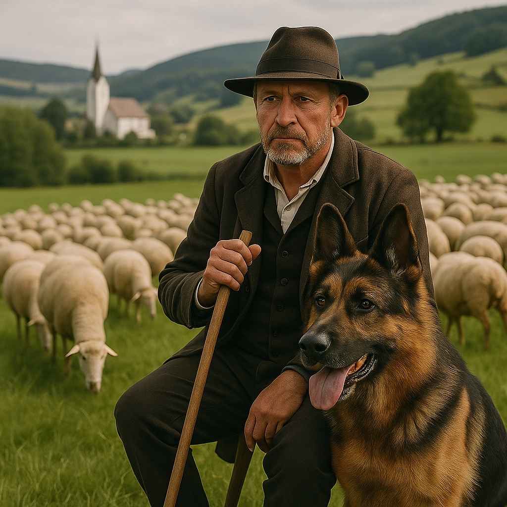 Pastor Alemán junto a pastor de ovejas en el campo, mostrando su rol original como perro de pastoreo