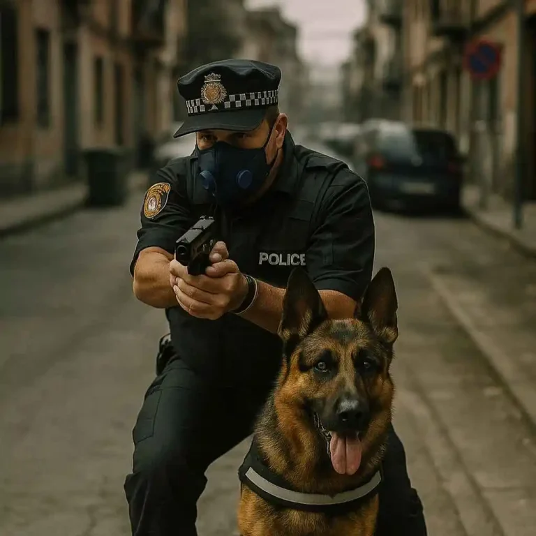 Policía con máscara y Pastor Alemán de unidad K9 en acción táctica en la ciudad