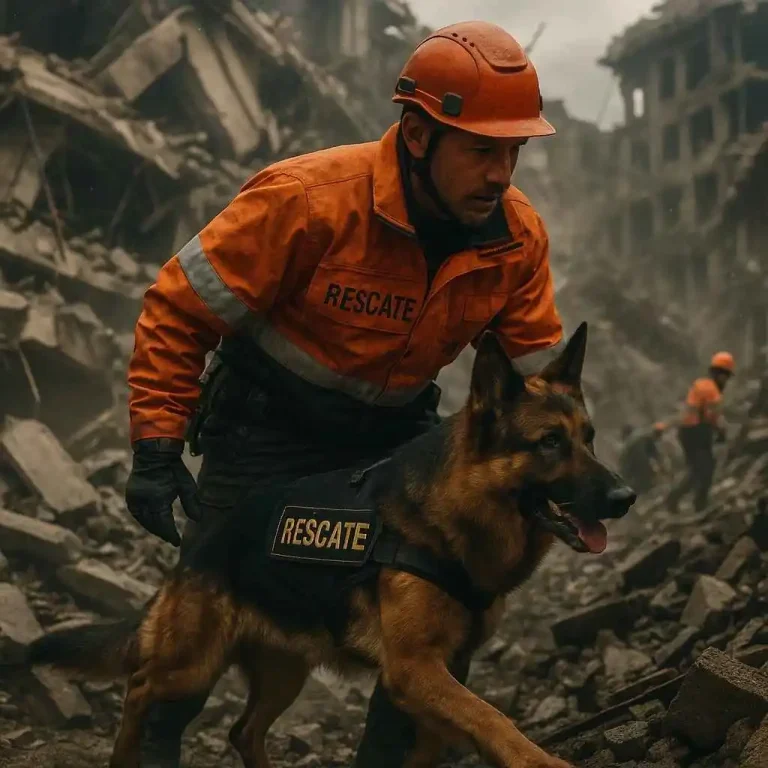 Perro Pastor Alemán con rescatista trabajando entre escombros tras un desastre natural