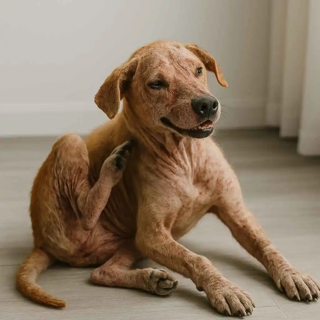 alt="Perro con sarna avanzada rascándose – imagen informativa sobre sarna en perros – www.mundodog.es"