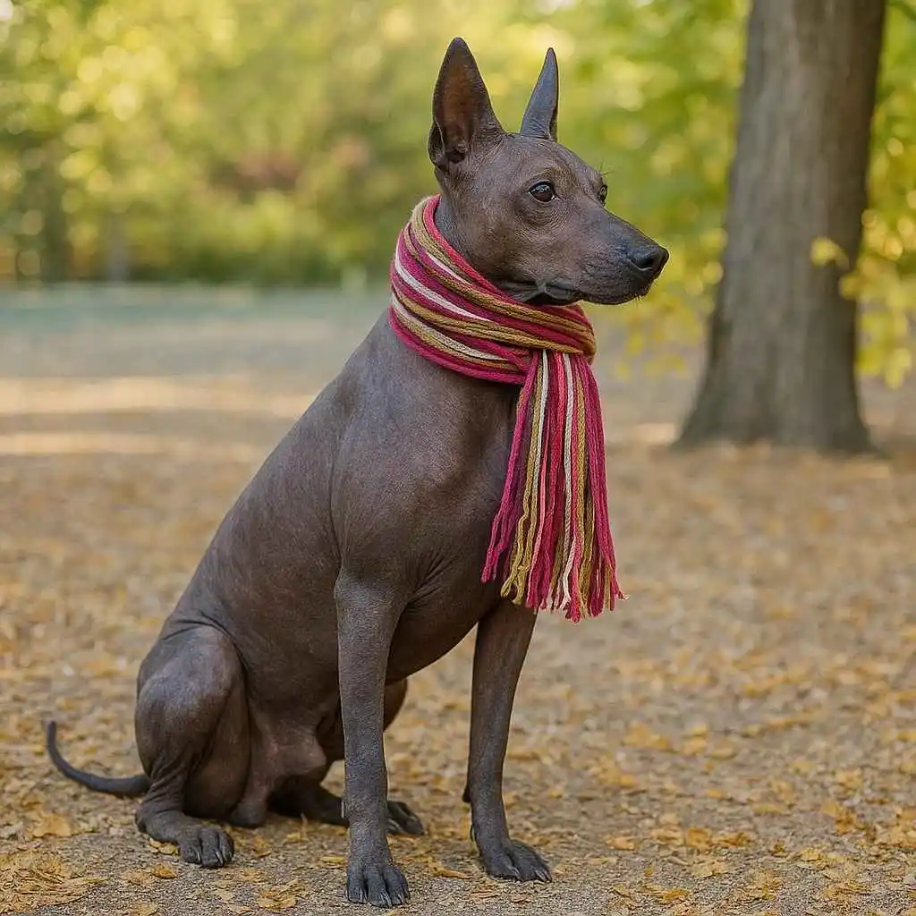 Perro sin pelo peruano con bufanda en otoño - curiosidades sobre la raza en www.mundodog.es