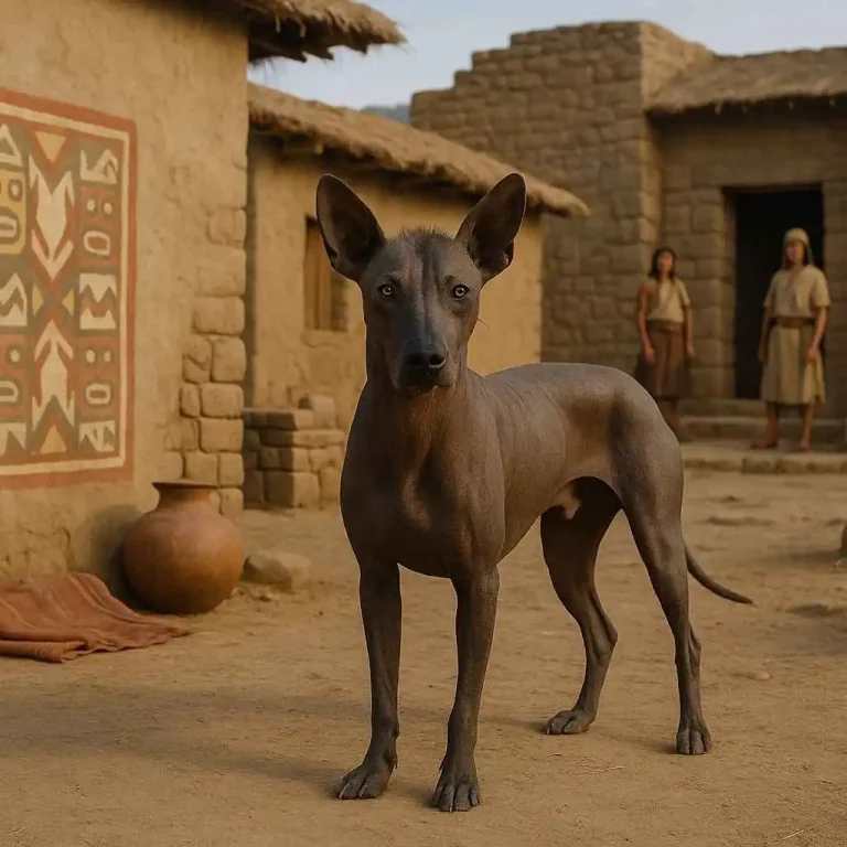 Perro sin pelo peruano en un poblado preincaico, símbolo cultural del Perú - www.mundodog.es