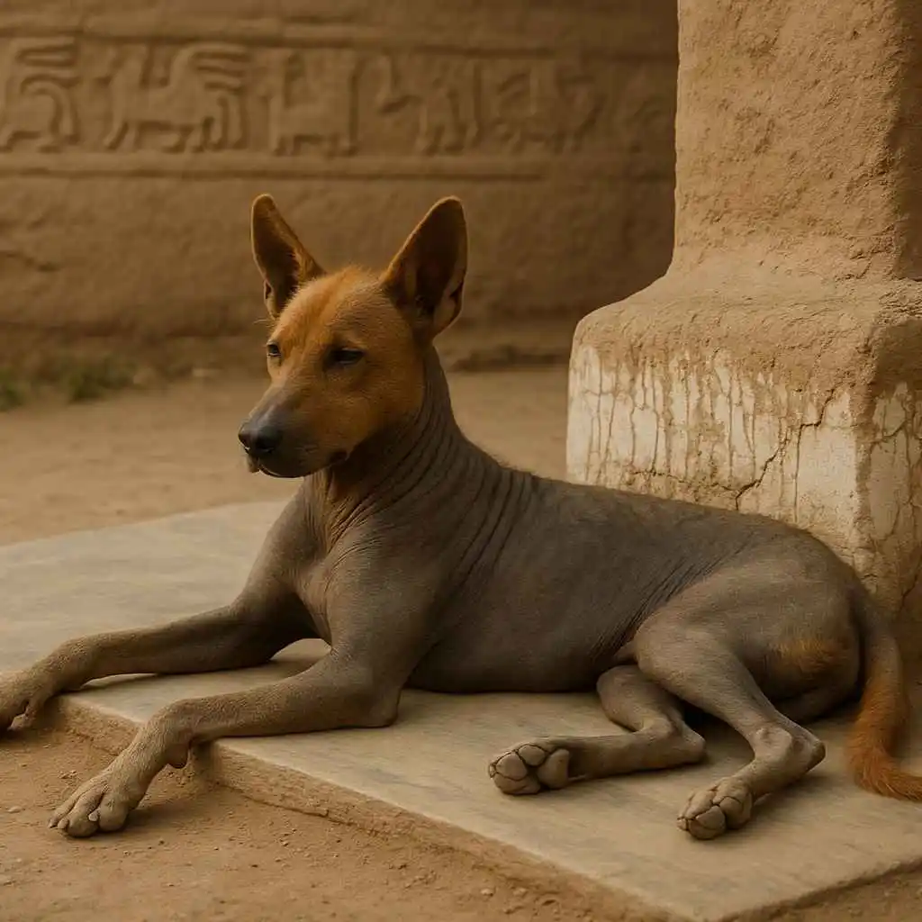 Perro sin pelo peruano relajado y tranquilo en un entorno ancestral - www.mundodog.es
