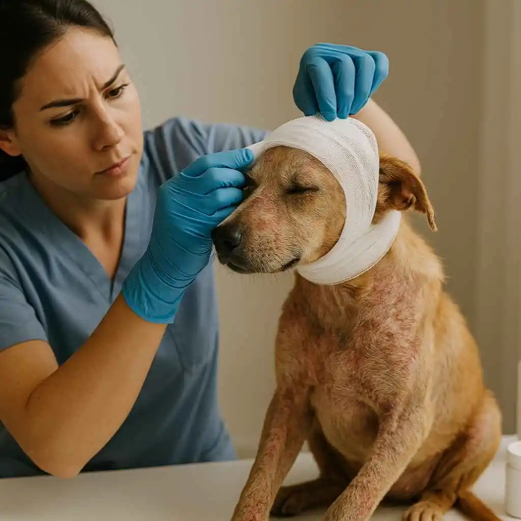 alt="Tratamiento veterinario en perro con sarna – cuidados y curación – www.mundodog.es"