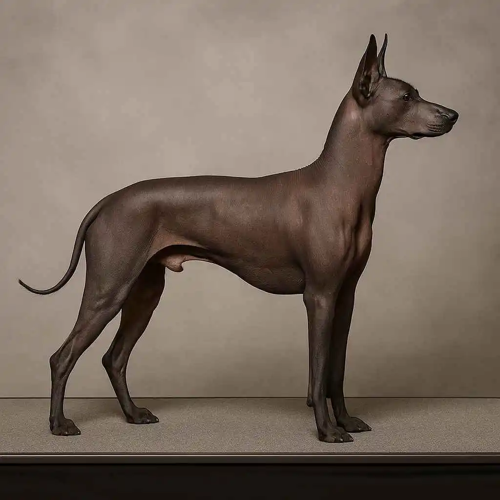 Xoloitzcuintle en perfil mostrando su cuerpo atlético, sin pelo y orejas erectas características de la raza
