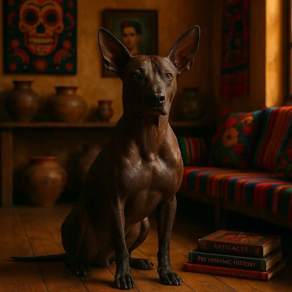 Xoloitzcuintle sentado en sala mexicana tradicional con libros de historia y arte prehispánico