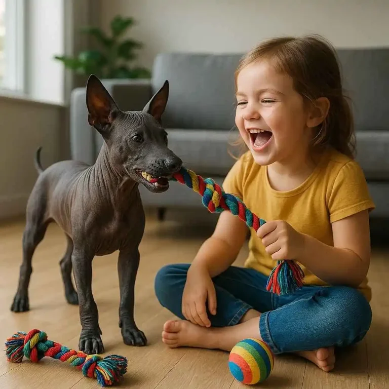 Cachorro de Xoloitzcuintle jugando con una niña en casa, ideal como perro de compañía familiar