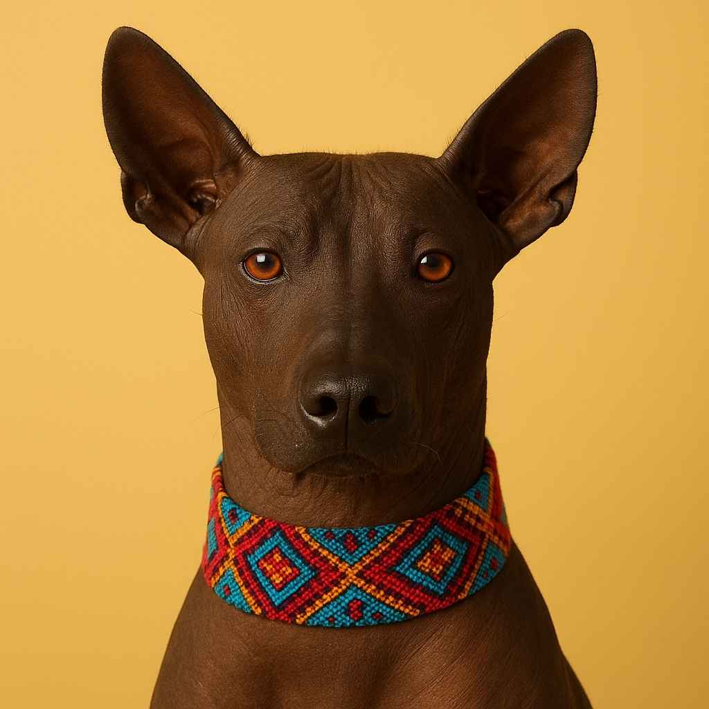 Xoloitzcuintle con collar artesanal colorido sobre fondo amarillo, símbolo de identidad mexicana