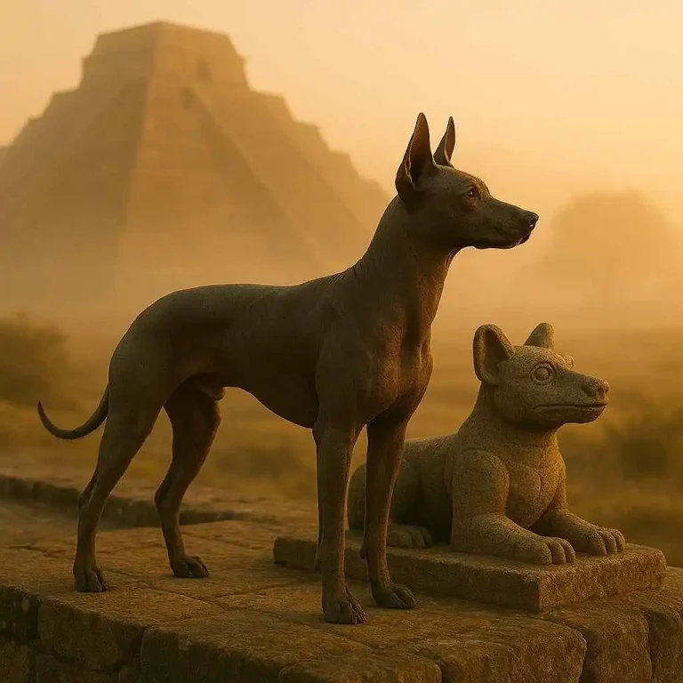 Xoloitzcuintle o perro sagrado mexicano posando al amanecer junto a escultura ancestral en pirámide prehispánica