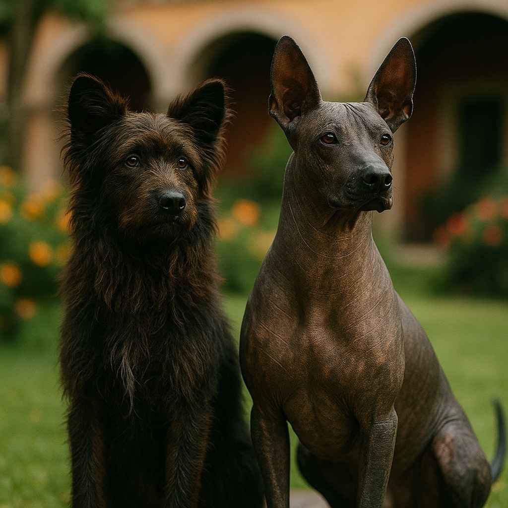 Dos variedades del Xoloitzcuintle: uno sin pelo y otro con pelaje oscuro, juntos en un jardín mexicano