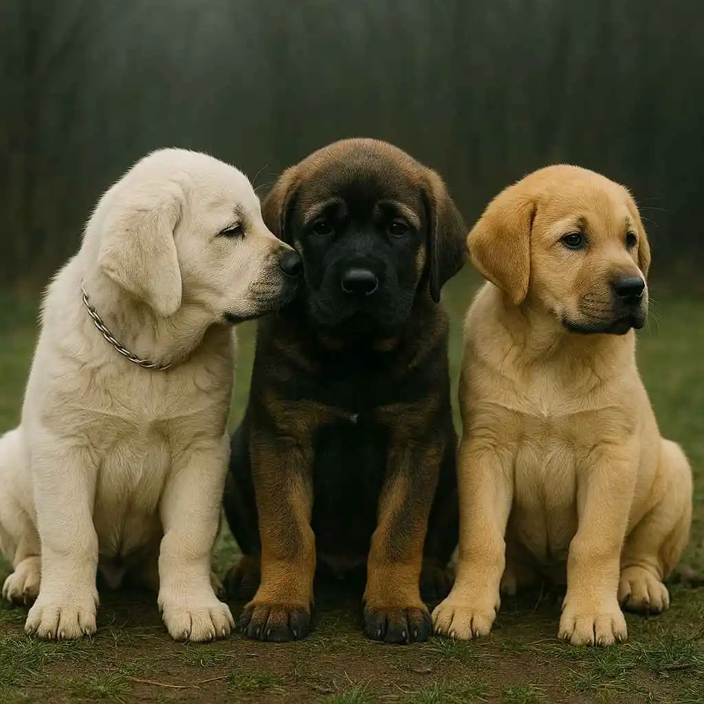 Tres cachorros de Mastín Español sentados en fila mostrando su ternura - www.mundodog.es