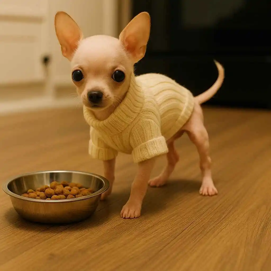 Cachorro de chihuahua sin pelo con suéter comiendo croquetas – curiosidades sobre su alimentación y abrigo | mundodog.es