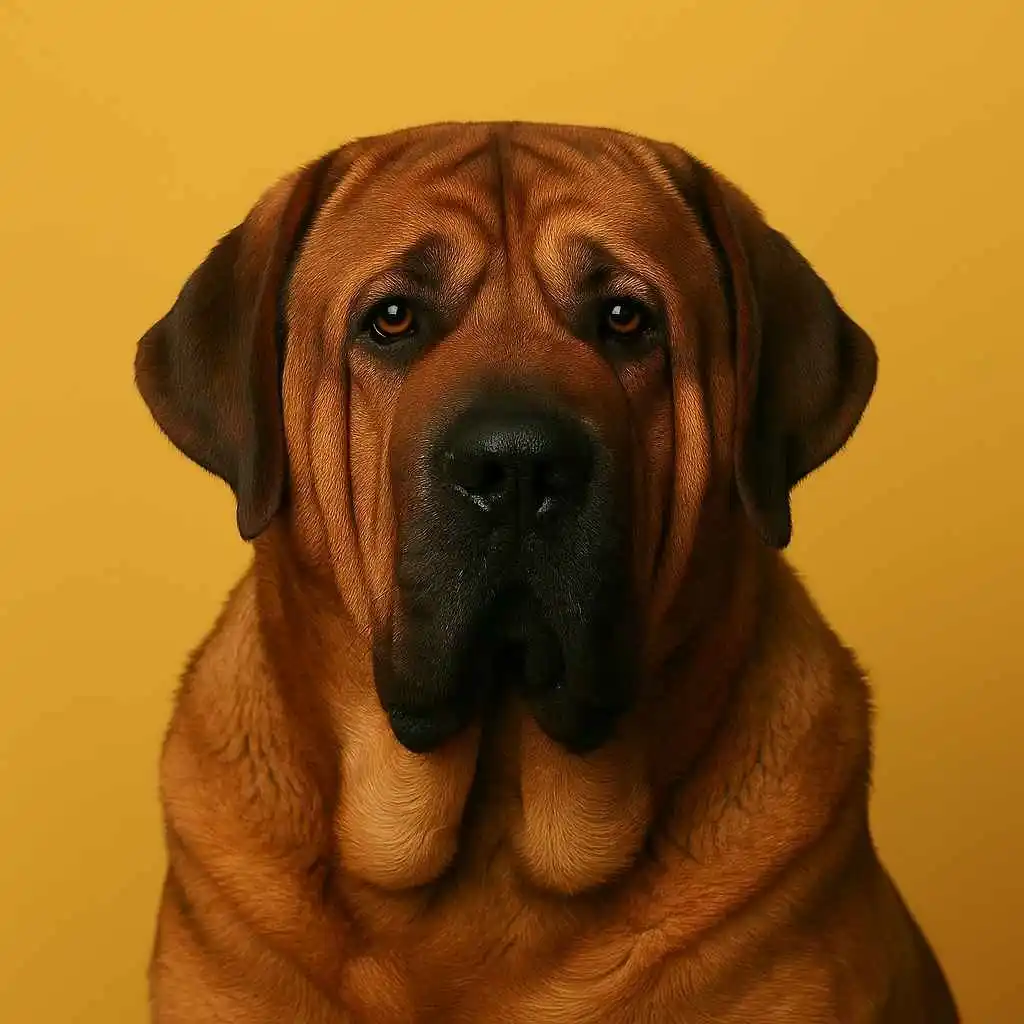 Retrato frontal de un Mastín Español adulto sobre fondo amarillo - www.mundodog.es