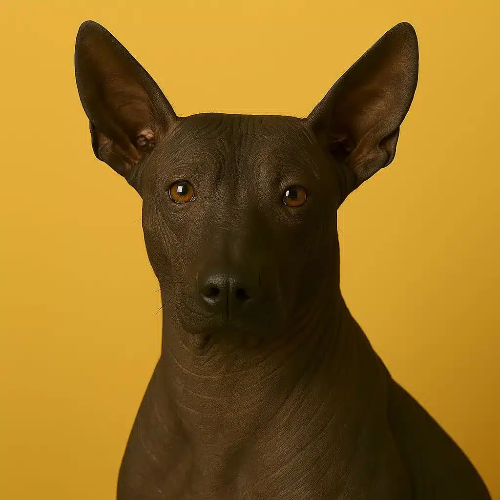 Retrato frontal del Perro Pila Argentino sin pelo sobre fondo amarillo – mundodog.es