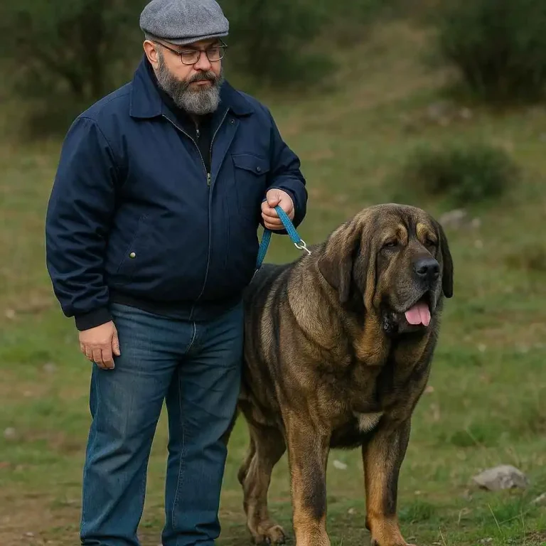 Mastín Español adulto paseando con su cuidador en el campo - www.mundodog.es