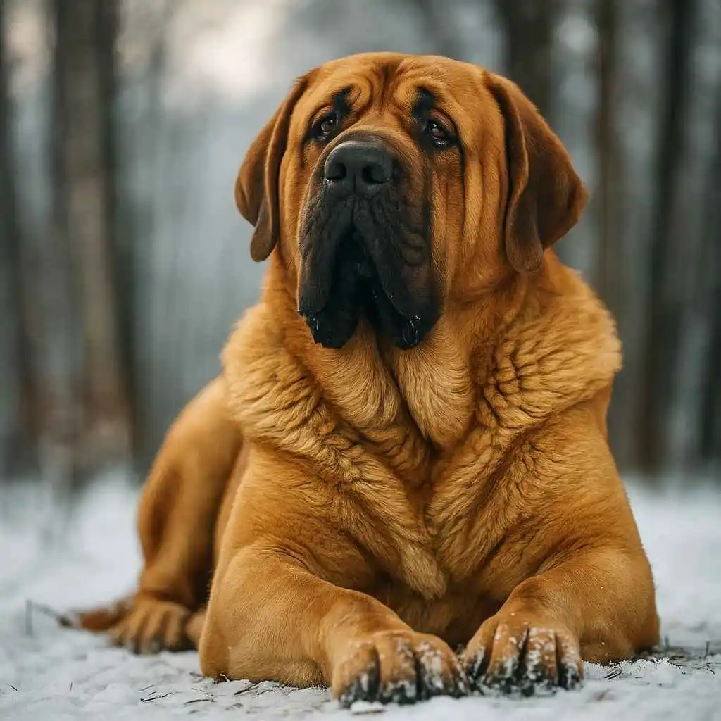 Mastín Español recostado sobre la nieve mostrando su nobleza y calma - www.mundodog.es
