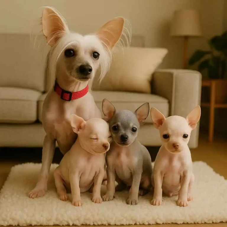 Perro Crestado Chino con tres cachorros sin pelo, representando el origen y evolución de la raza – mundodog.es