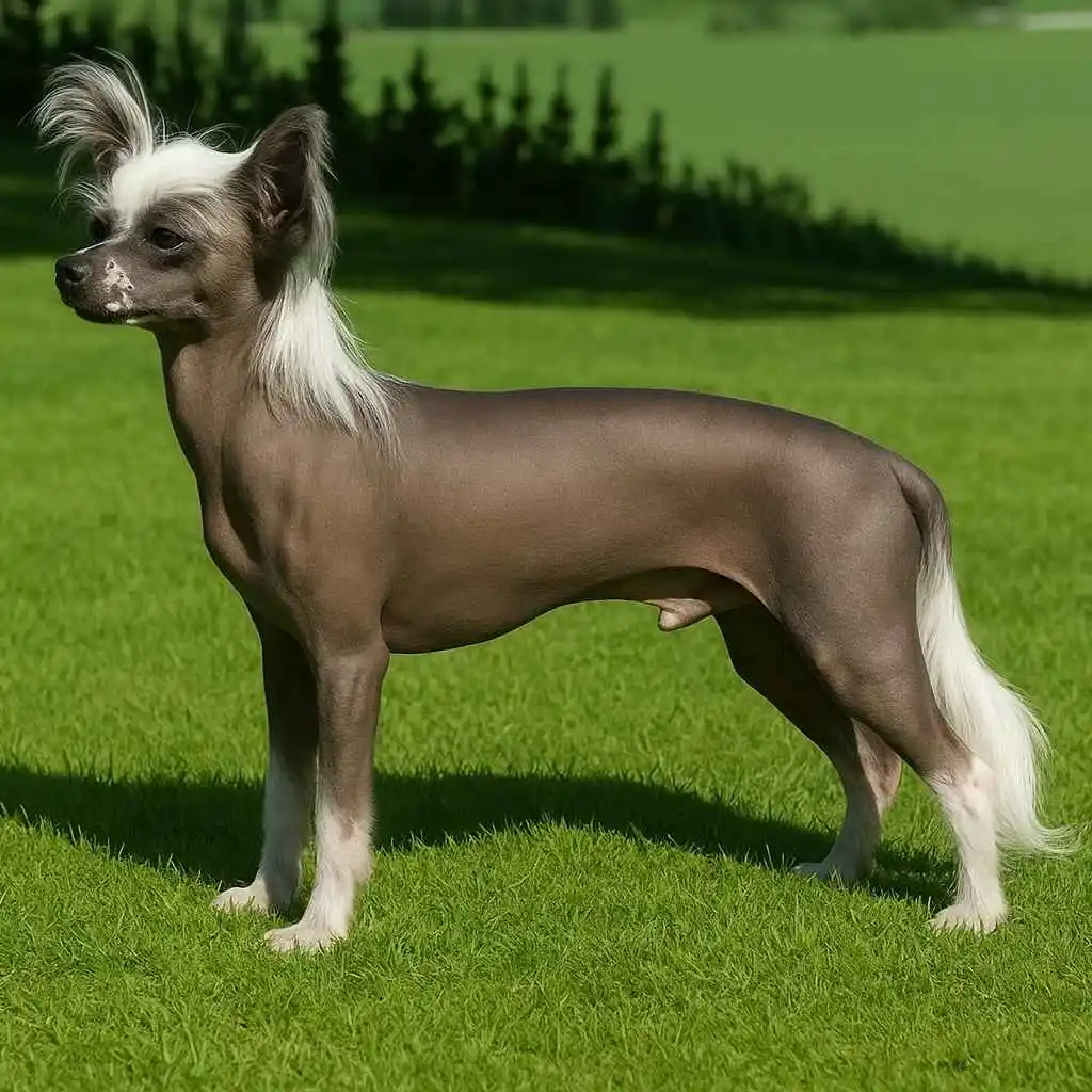 Perro Crestado Chino con apariencia elegante y estética exótica en un campo verde – mundodog.es 🔹 Describe la imagen con naturalidad. 🔹 Incluye branding de tu dominio. 🔹 Optimizado para búsquedas como "perro sin pelo elegante", "perros con estética rara", etc.