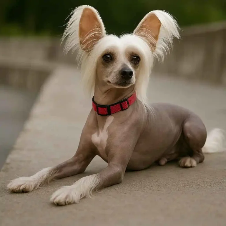 Perro Crestado Chino acostado con porte elegante, símbolo de una raza ancestral de origen oriental – mundodog.es