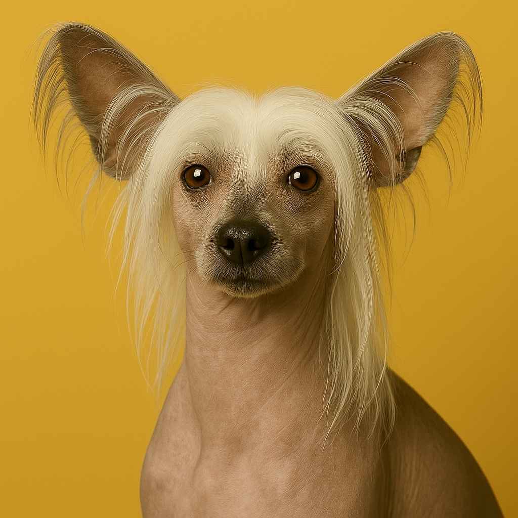 Retrato de un Perro Crestado Chino sobre fondo amarillo, ideal como imagen destacada de la raza – mundodog.es