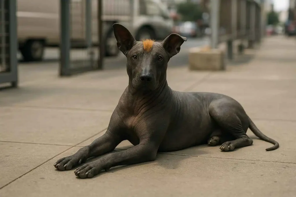 Perro Pila Argentino con cresta naranja recostado en una calle urbana – mundodog.es