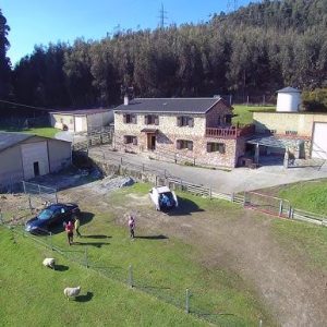 Vista aérea de una residencia canina ubicada en un entorno rural, con edificios de piedra y amplias áreas verdes, rodeada de árboles y colinas.